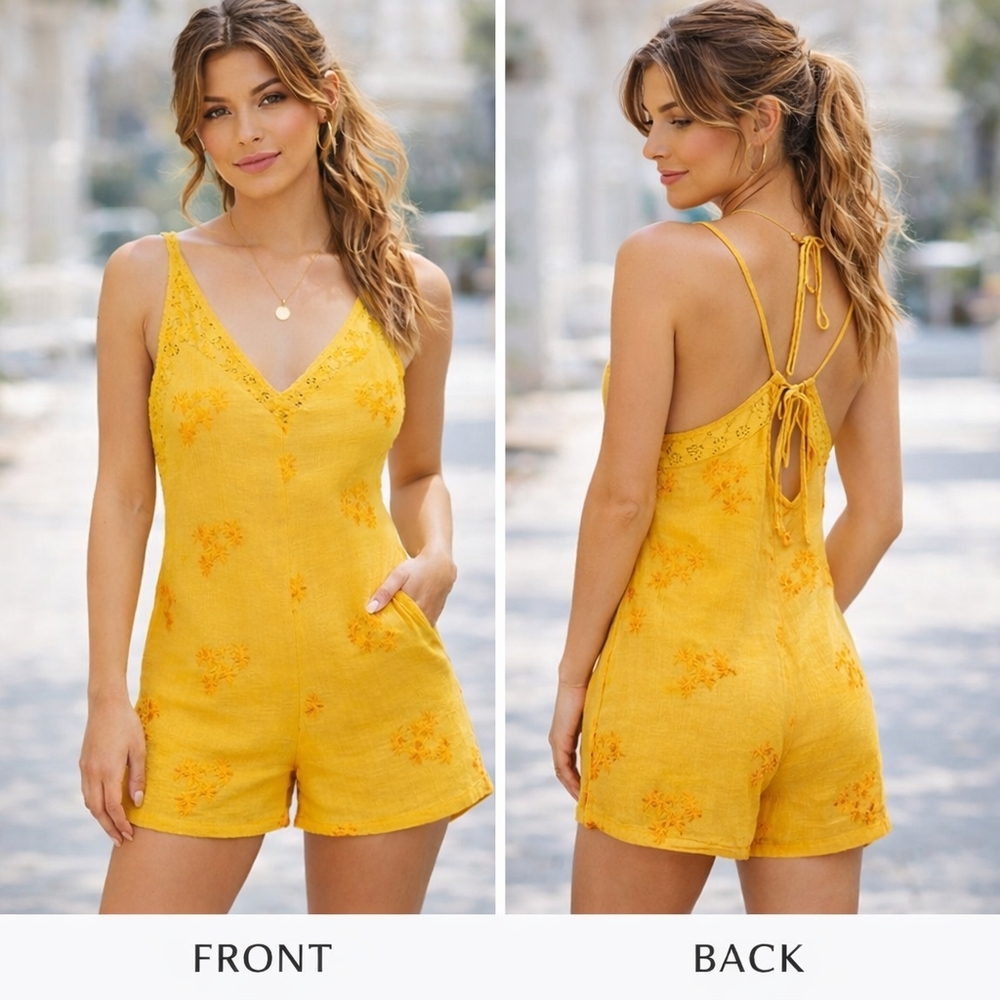 Free People Intimately Yellow Textured Romper | Sz Lrg | NWOT